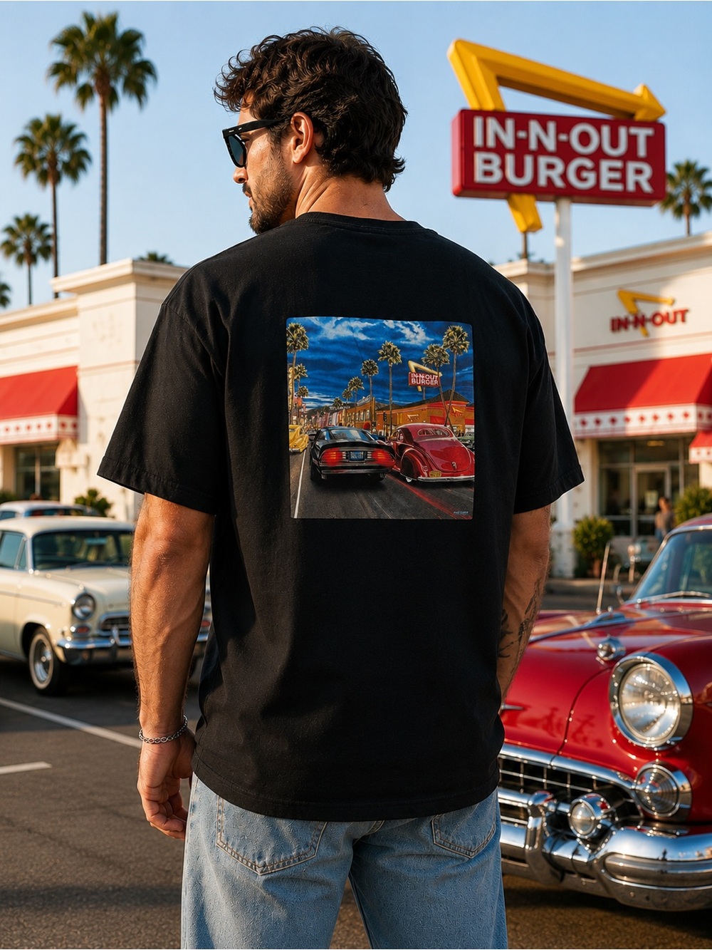 In-N-Out Burger California Graphic T-Shirt Black XXL Hot Rod Cars Palm Trees